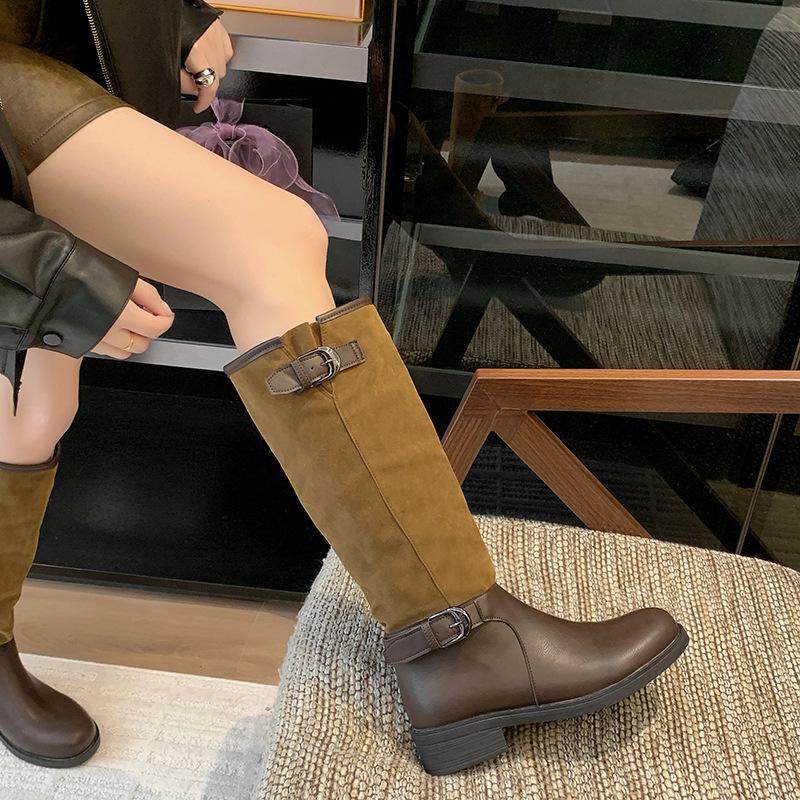 French Retro Belt Buckle Long Knight Boots for Women 2025 New British Style Niche Splicing Large Size High Boots for Women