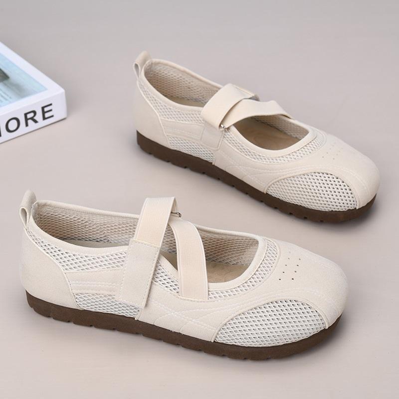 

Women Ballet Style Mary Jane Shoes Hollow Mesh Breathable Thin Sole Versatile Mom Casual Flats 36 бежевый