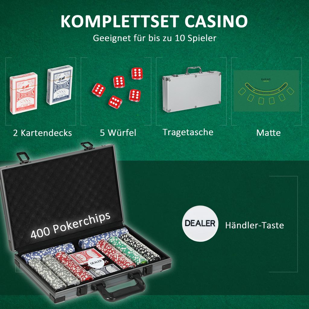 Set da Poker, Valigetta da Poker, 400 Fiches, 2 Mazzi di Carte, 5 Dadi, Pulsante Dealer, Tappetino