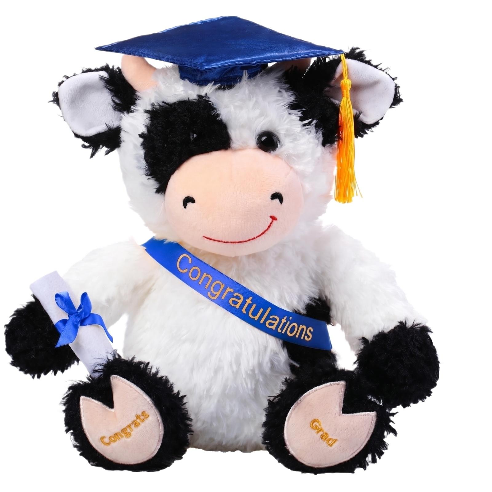 

Plush Graduation Cow Toy Soft Stuffed Animal with Graduation Cap and Sash Holding Diploma for Graduation Celebration Gift One Size синій