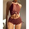 Women's Solid Color Ribbed Knit 2-Piece Swimsuit Halter Neck Cutout Tie Crop Top Ruched Side Tie Shorts Stylish Casual Swimwear