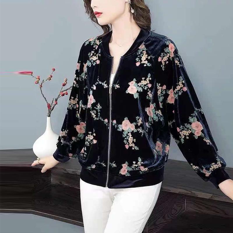 Women's Casual Gold Velvet Baseball Jacket - Korean Style, Loose Fit, Long Sleeve. Perfect for Spring & Autumn.
