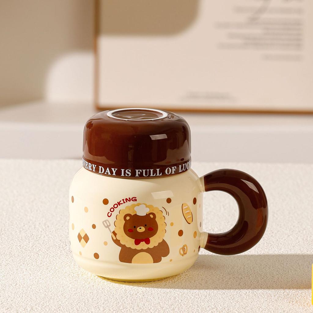 Cute Cartoon Kitten Creative Water Cup with Lid Ceramic Cup Household Set Niche Casual Cup Girls High Temperature Resistance Cup