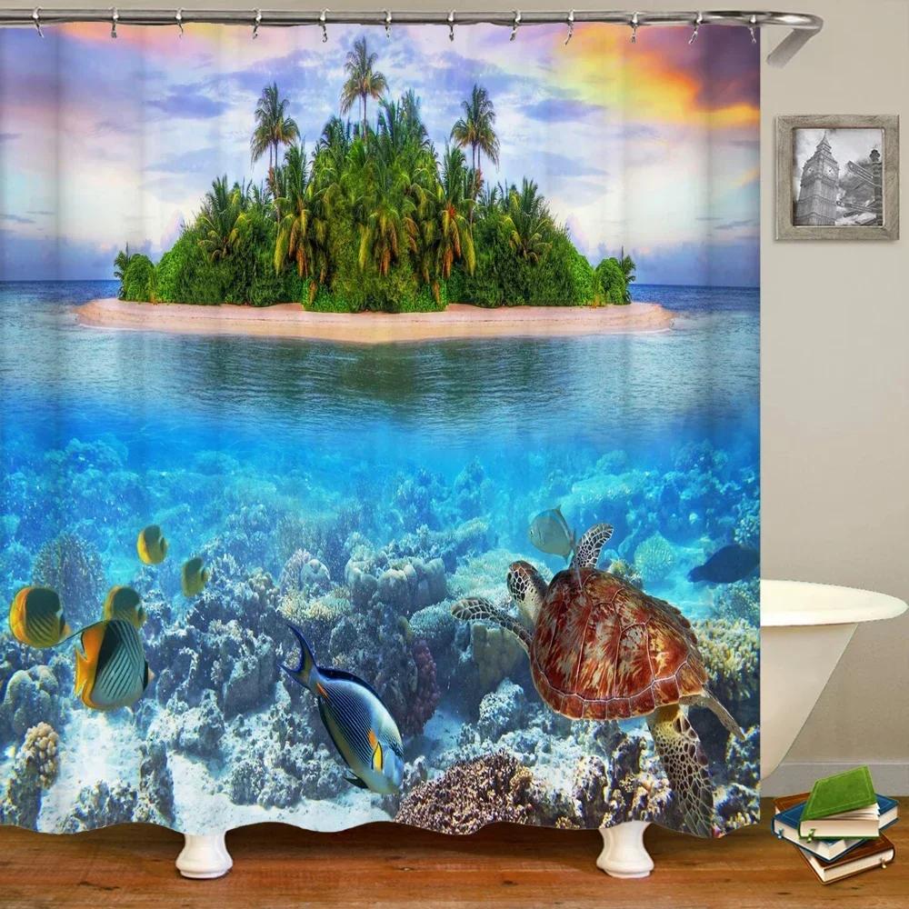 Underwater World Fish Turtle 3d Shower Curtains Ocean Dolphin Sea Scenery Fabric Waterproof Bath Curtain Bathroom Decor Screen