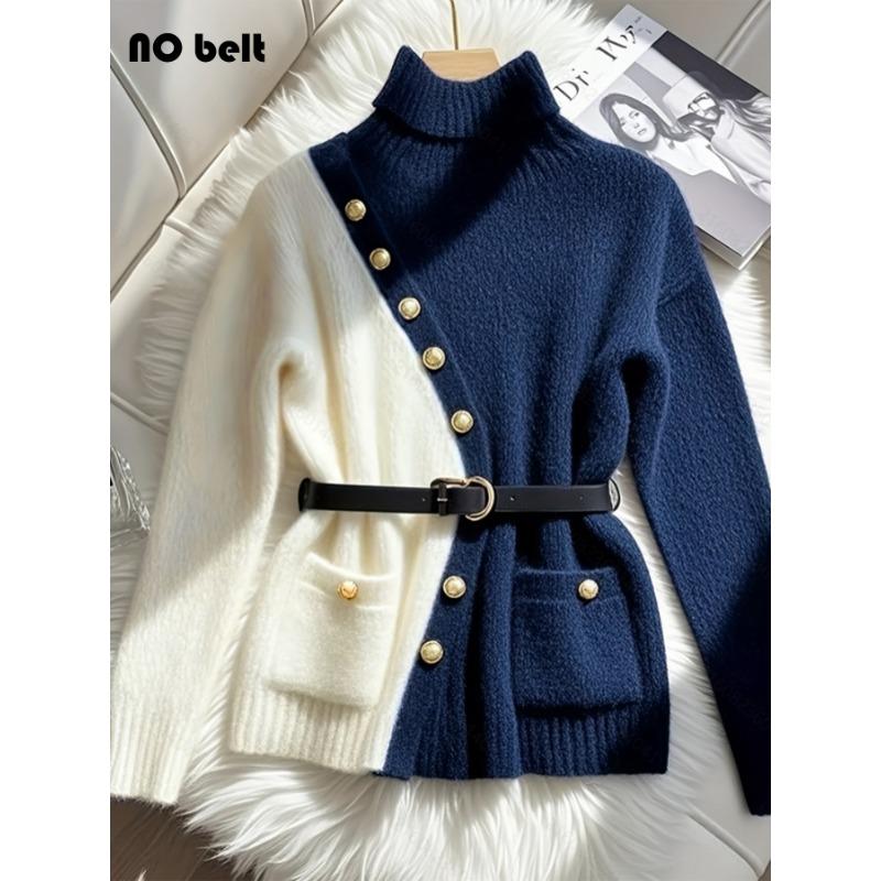 

Autumn and Winter Loose Casual Lapel Sweater Irregular Slanted Button Contrasting Long-sleeved for Women S синій