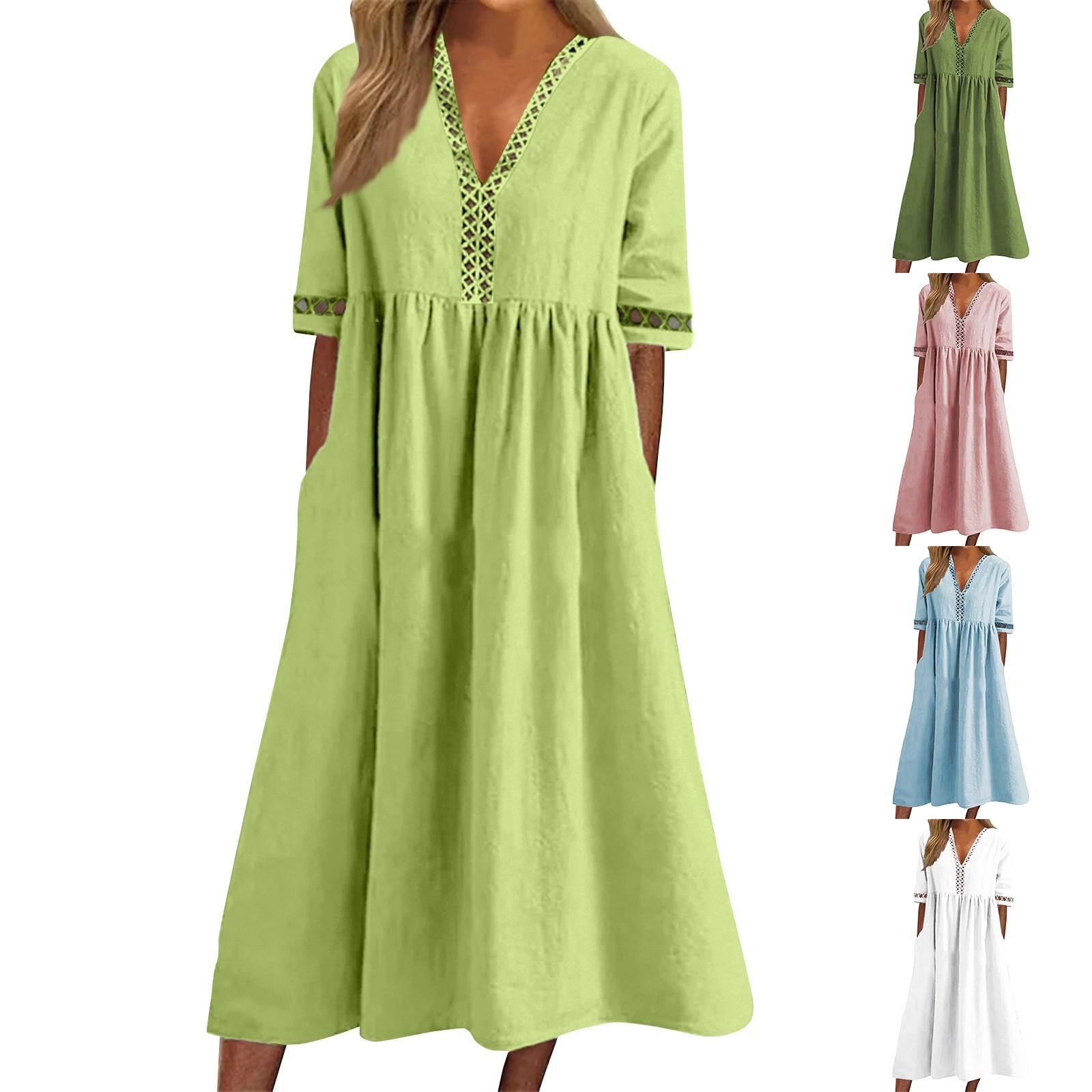 

Spring And Summer Women s Solid Color Short Sleeved Lace V-Neck Waist Up Dress