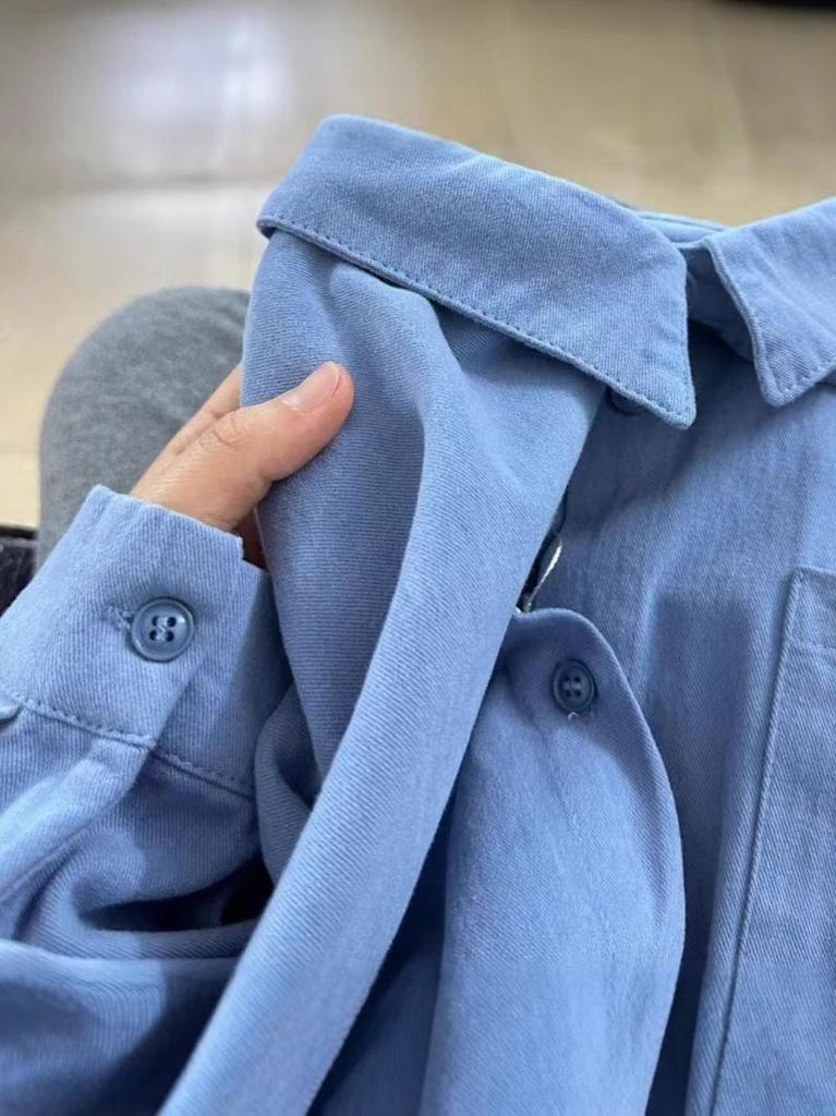 Women's Blue Cotton Shirt - Fresh, Loose, Versatile, Slimming, Petite Fit for Spring & Autumn Wear