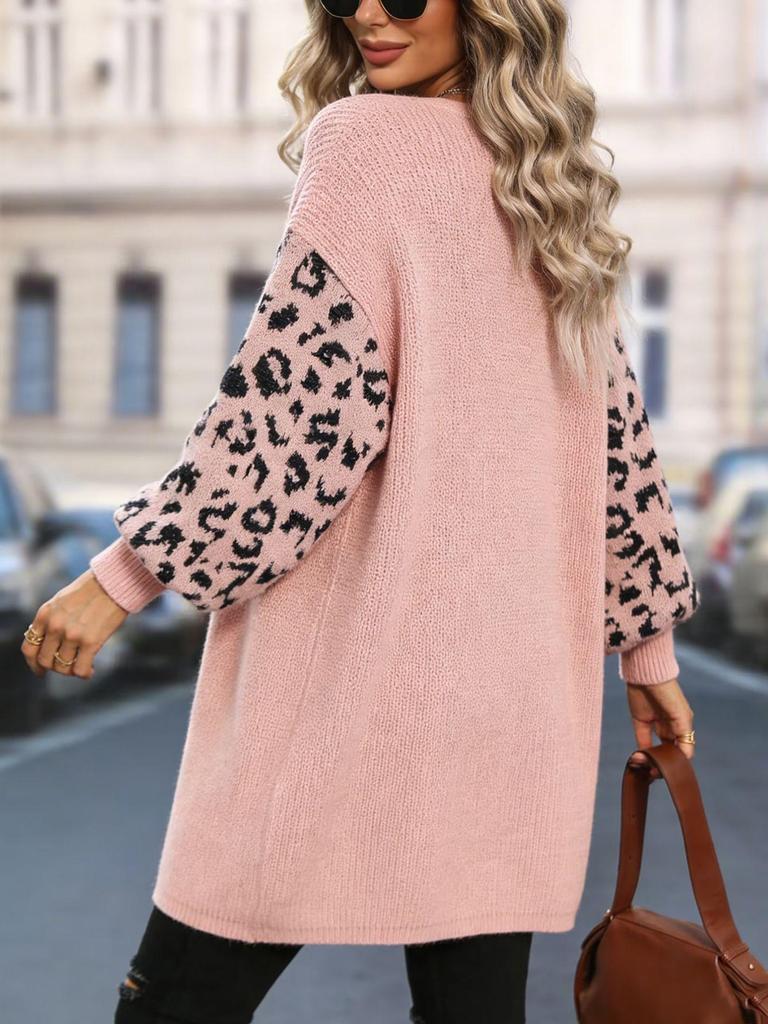 2025 Leopard Print Patchwork Knit Cardigan - Women's European/American Fashion Loose Sweater
