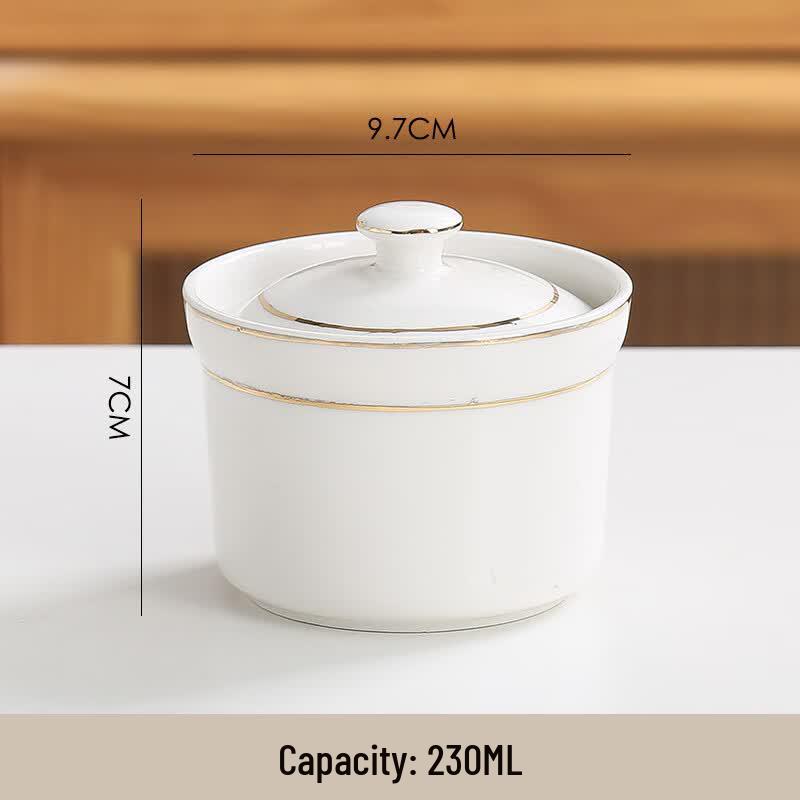 Elegant Ceramic Stew Bowl with Lid and Golden Rim