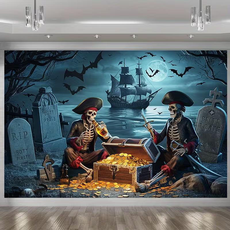 Skull Pirate Halloween Tapestry | Grave Ship Treasure Party Photo Background 47.2x31.5inch/120*80cm