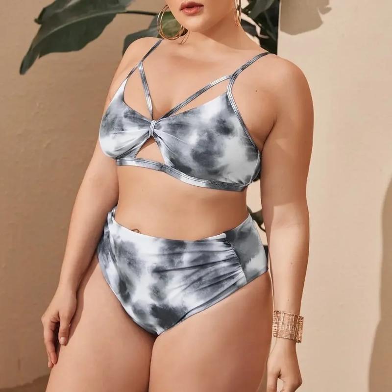 Print 2 Piece Plus Size Bikini Women Strapped Hollow Large Swimsuit High Waist Lady Swimwear Chubby Curvy Bathing Suit