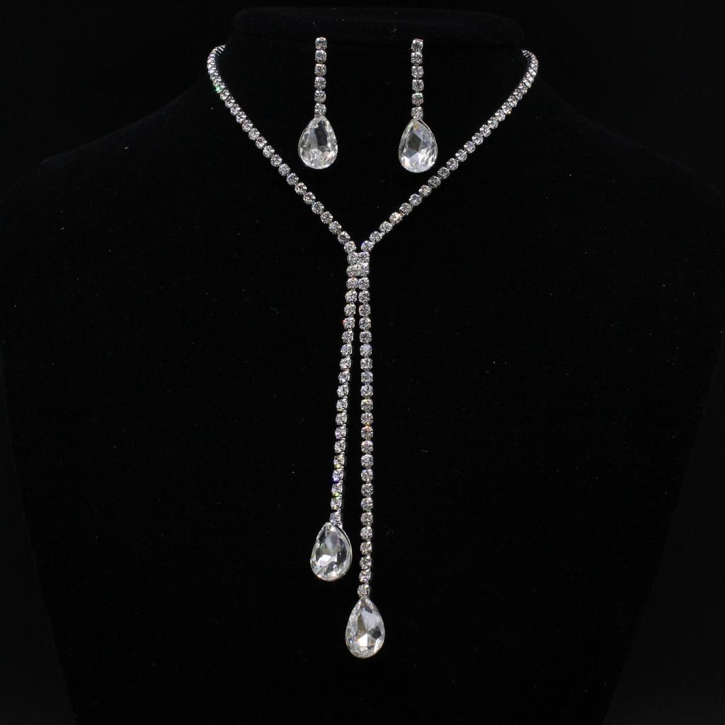 Korean Fashion Rhinestone Crystal Water Drop Bridal Necklace & Earring Set
