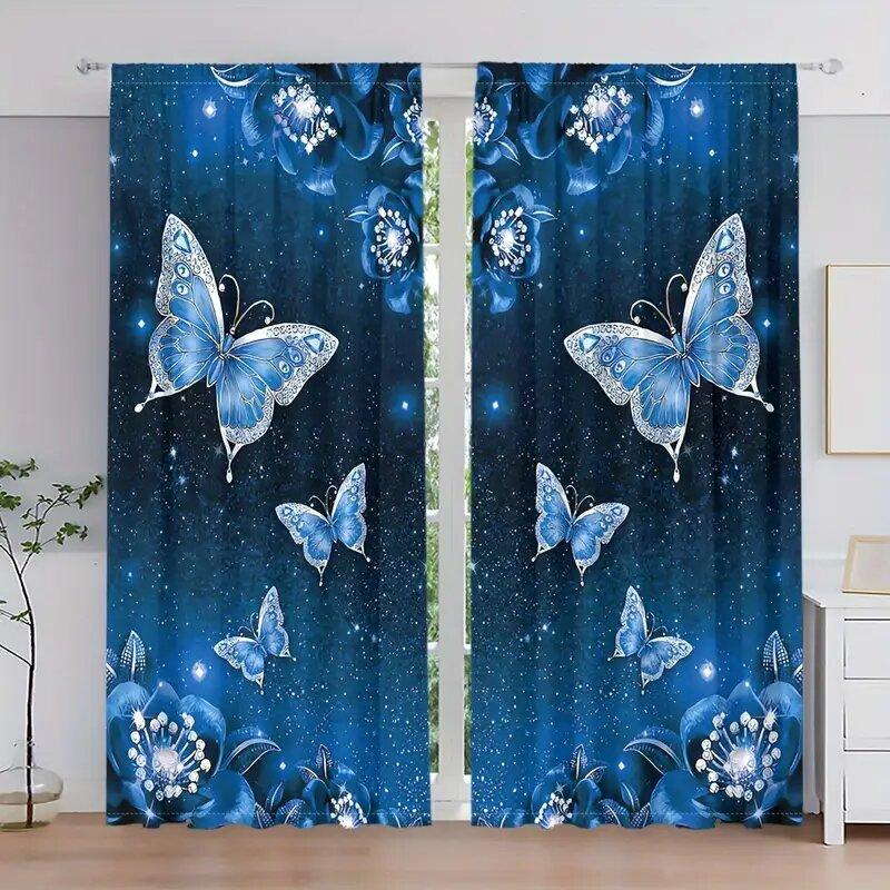 Christmas Decoration Purple-Blue Crystal Butterfly Pattern Printed Curtains   Home Decoration   Room Decoration