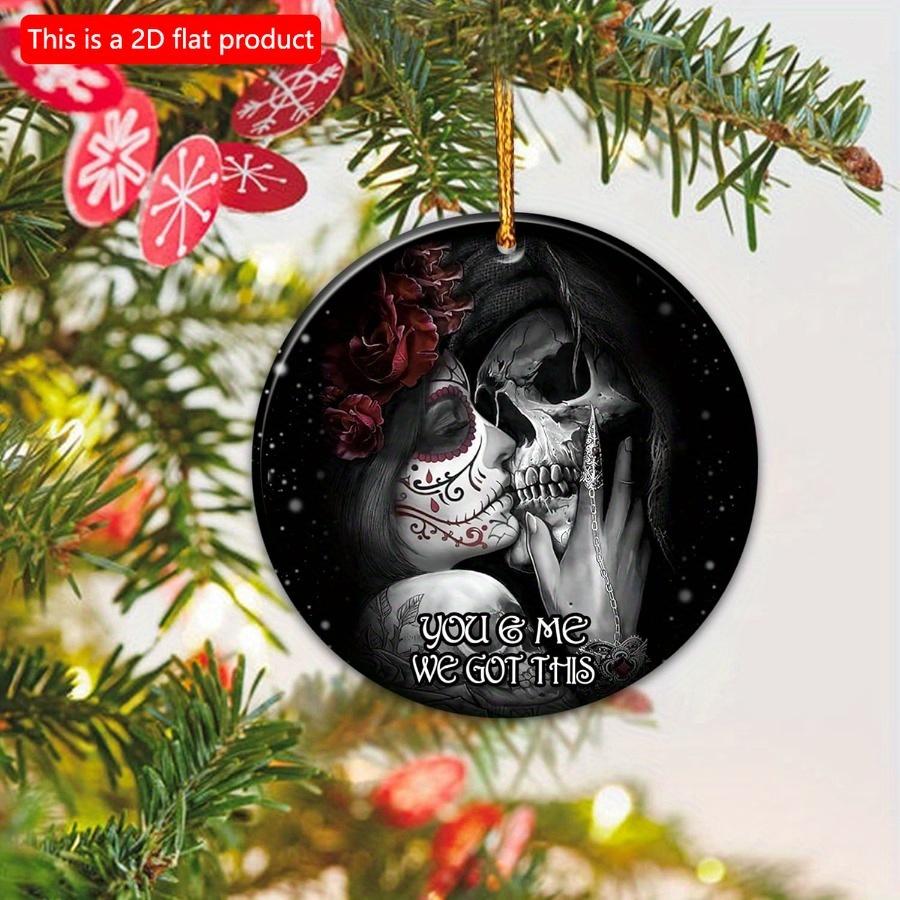 1pc 2d Flat Skull Couple Love Christmas Ornament Tree Decor Wooden Sign - 20cm Gifts for Couple, Gifts for Her, Gifts for Him, Rear View Mirror Car