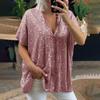 Women T-shirt Sequined V Neck Summer Solid Color Short Sleeve Pullover Top for Daily Wear