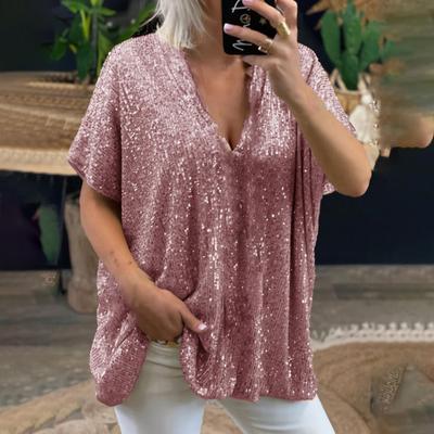 Women T-shirt Sequined V Neck Summer Solid Color Short Sleeve Pullover Top for Daily Wear