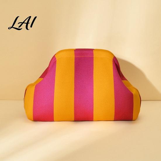 Portable Toiletry Bag Woven Striped Clutch Purse for Woman Large Capacity Cosmetic Pouch Knit Dumpling Bag Kiss Lock Handbag Evening Party Storage