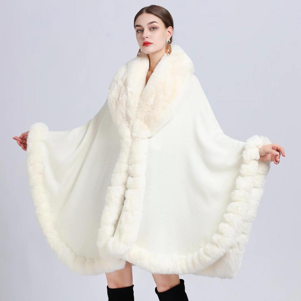 Women's Imitation Rex Rabbit Fur Collar Shawl Cape - Large Size, Knitted Loose Fit Cardigan for Autumn and Winter