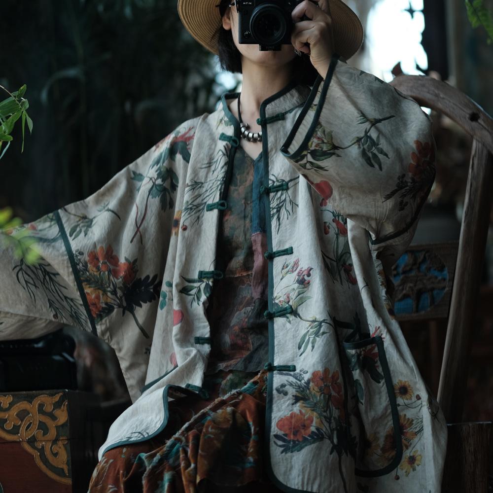Johnature Women Vintage Print Floral Shirts Tops Print Floral Linen Blouses Spring Stand Long Sleeve Women Shirts