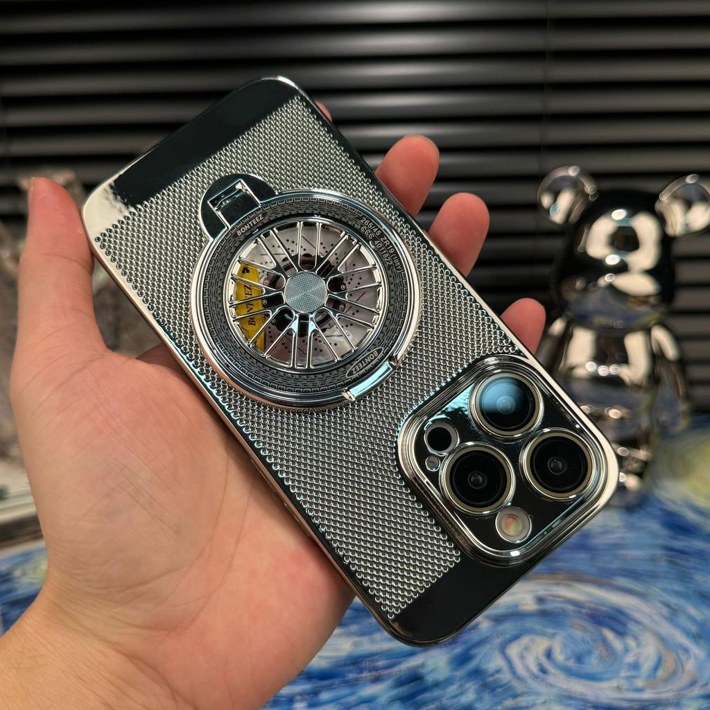 Applicable To IPhone 16 Mobile Phone Case Gyro Rotary Bracket Electroplated Breathable Heat Dissipation Mesh Shell Apple 14 Anti-fall Hard Shell