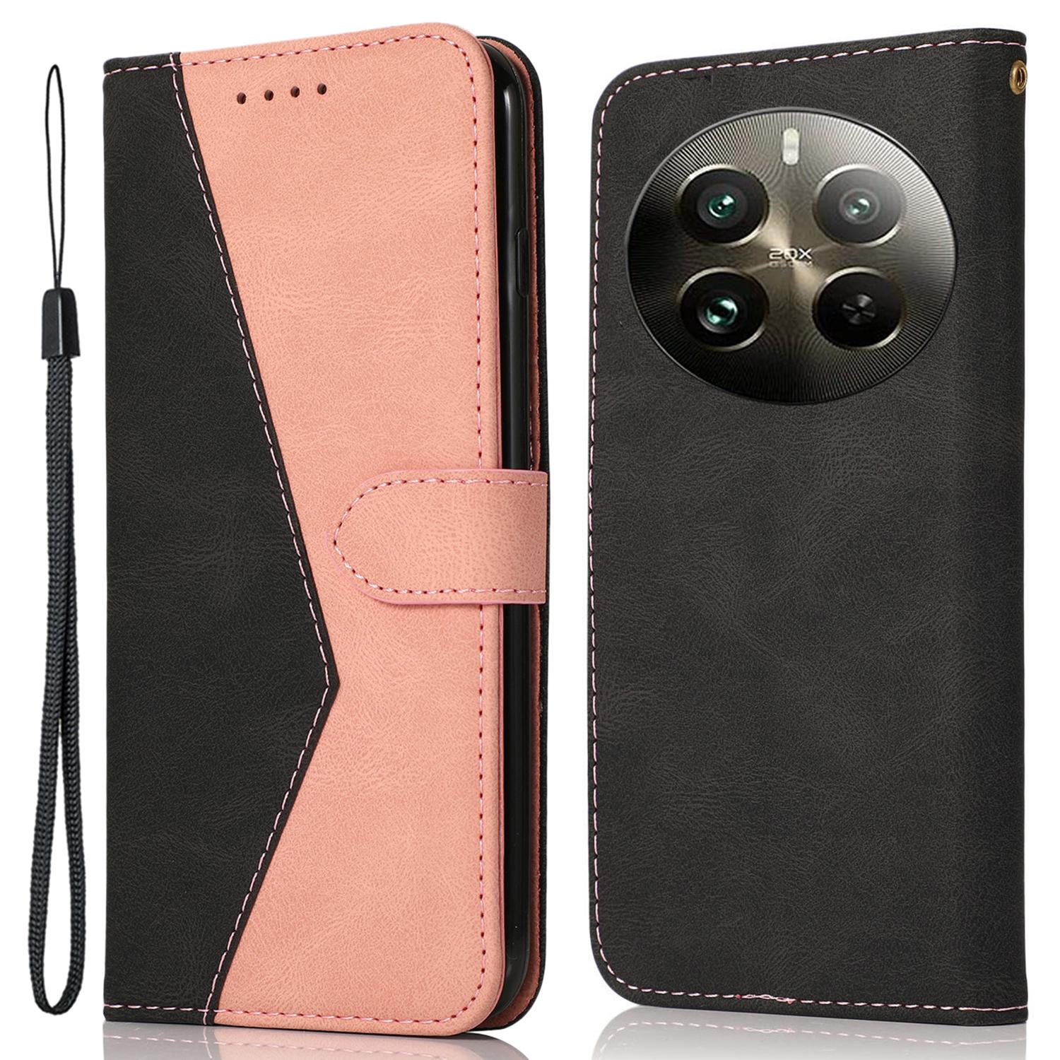 

For Realme 12 4G/12+ 5G Cover Color Splicing Wallet Stand Leather Phone Case with Wrist Strap Black Rose Gold
