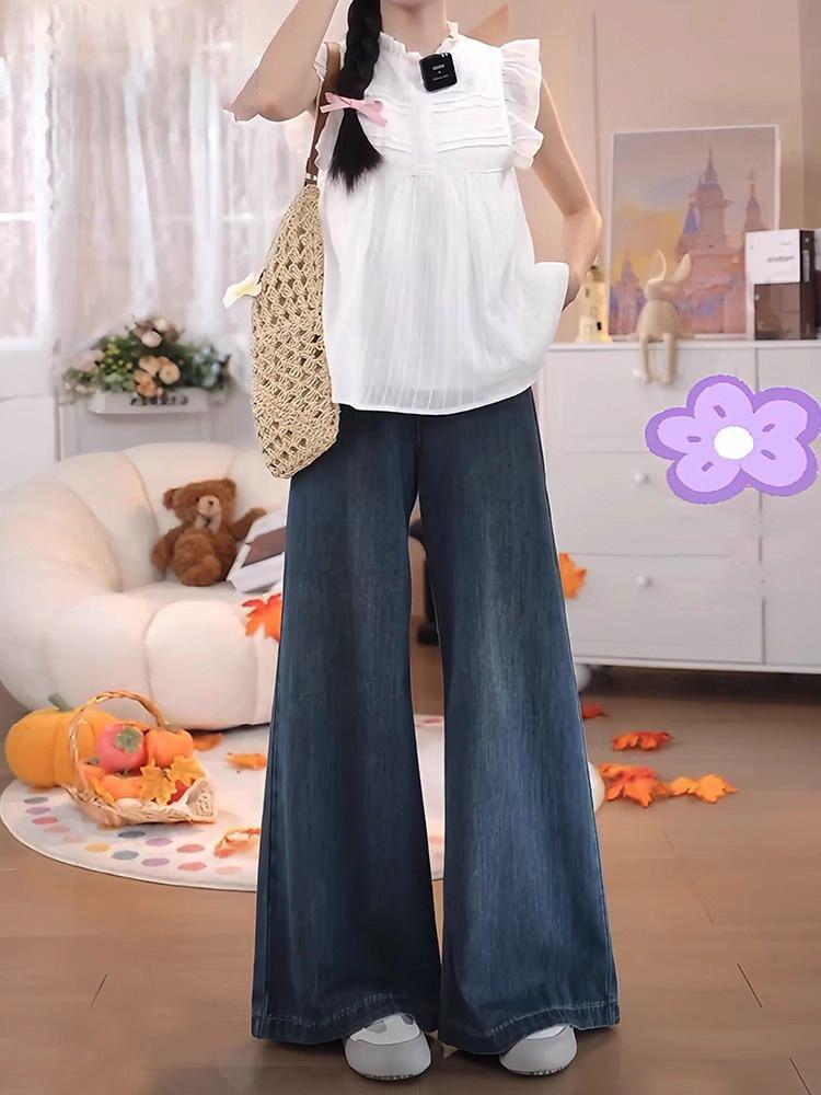 

Женские осенние драпирующиеся джинсы с высокой посадкой и широкими штанинами - Большой размер, свободные, стройнящие, прямые брюки длиной до пола XL темно-синий