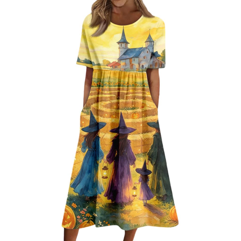 Women's Casual Round Neck Dress with Halloween Print and Pockets