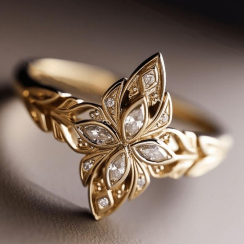 Fashionable and Trendy Gold Color Hollow Carved Pattern Women's Ring, Sparkling Inlaid Zircon Daily Party Jewelry Gift