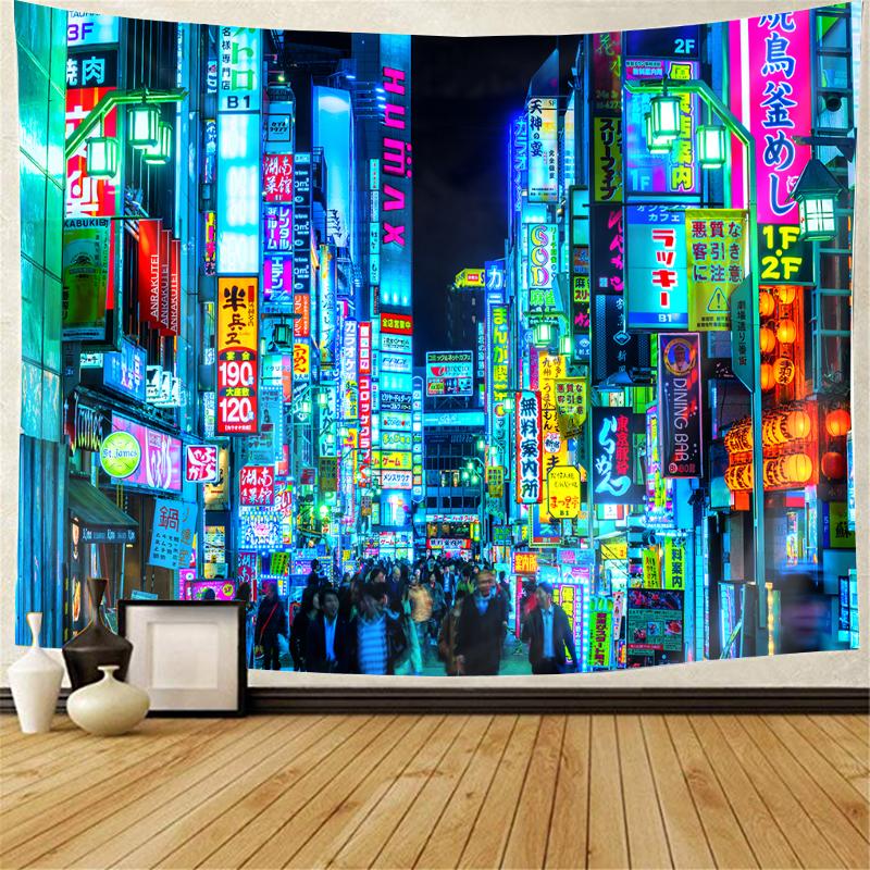 Japan Tokyo Shinjuku Shopping Street Neon Light Alley Living Room Bedroom Sofa Background Decoration Wall Tapestry Yoga Mat