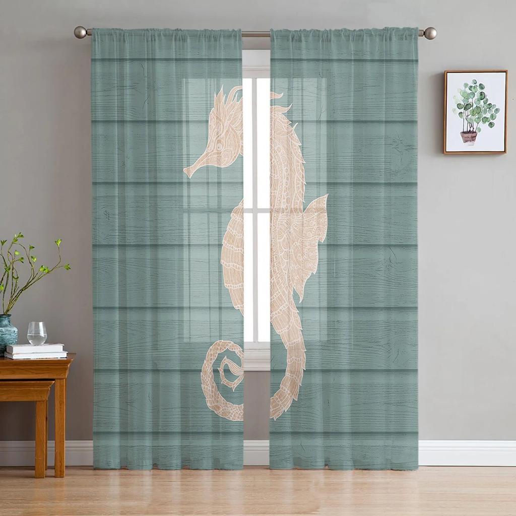 Marine Life Two Seahorses Sheer Curtains for Living Room Voile Curtain Bedroom Bathroom Tulle Curtains Window Drapes