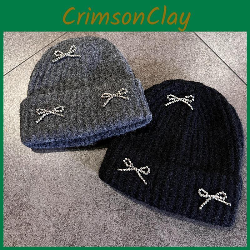 Fashion Color Solid Bow Decoration Women Casual Knitted Hat Autumn Winter And