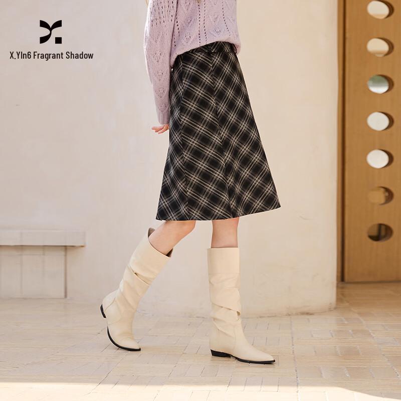 Xiangying Women s Retro Black Plaid High-Waist A-Line Midi Skirt S