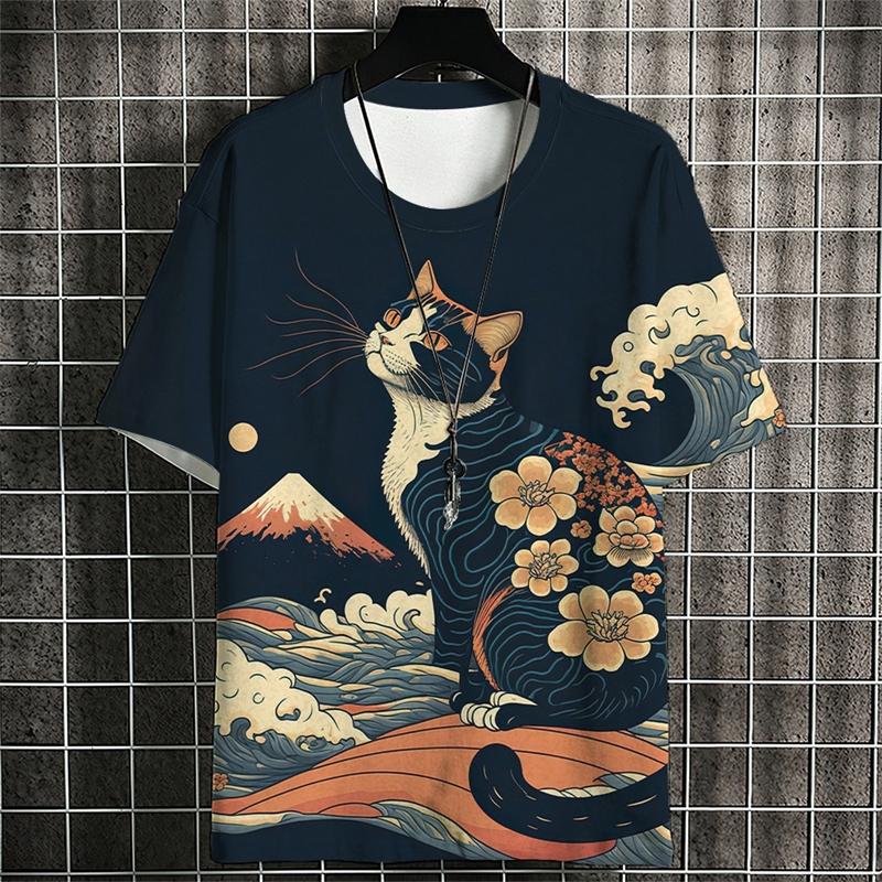 Modische Ukiyo-e Tiere Grafik T-Shirts für Herren Trend Sommer Kurzarm 3D-Druck Kinder T-Shirts Lässig Locker Harajuku Tees