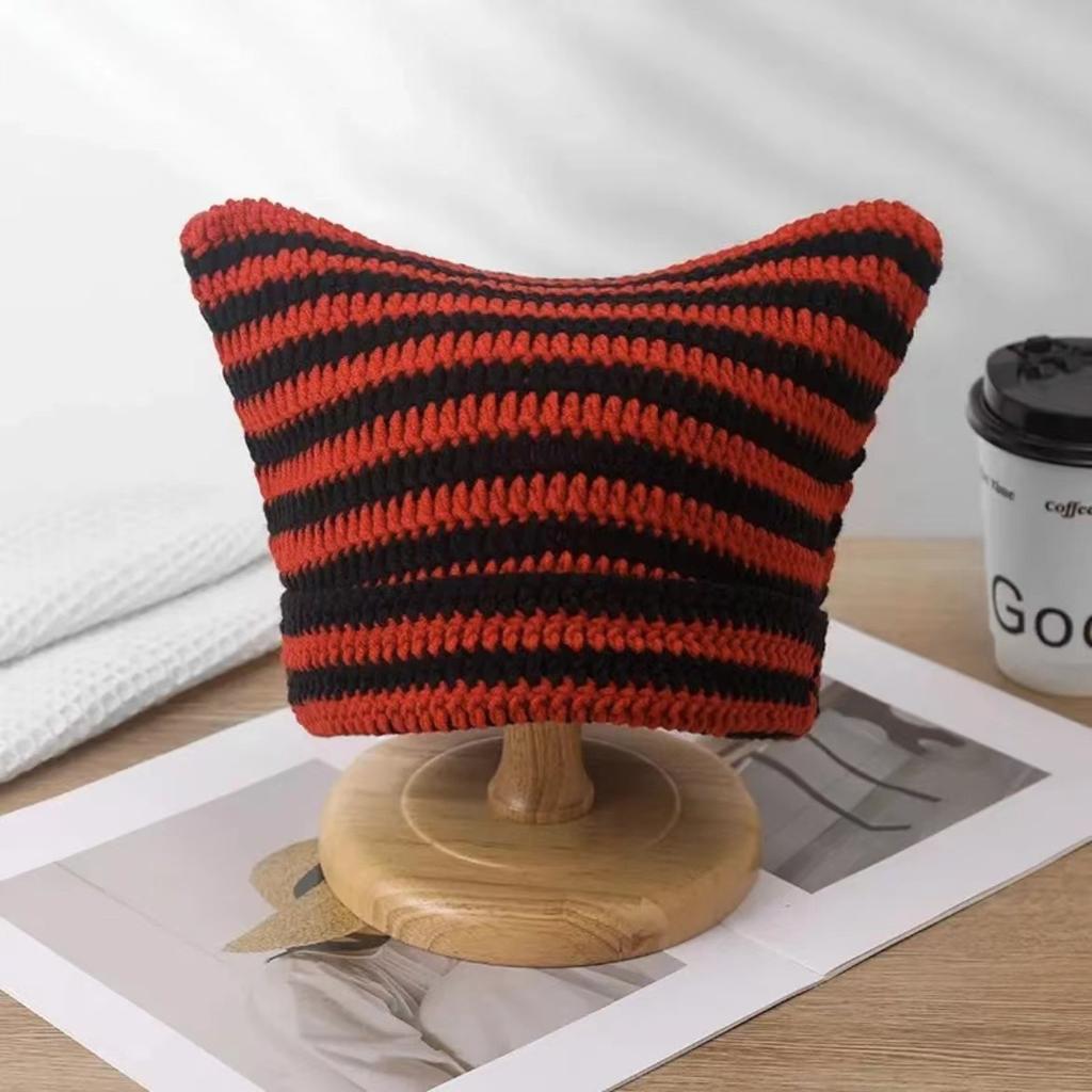 American-style cute cat-ear striped handmade knitted wool hat for women, new autumn and winter playful little devil headwrap hat