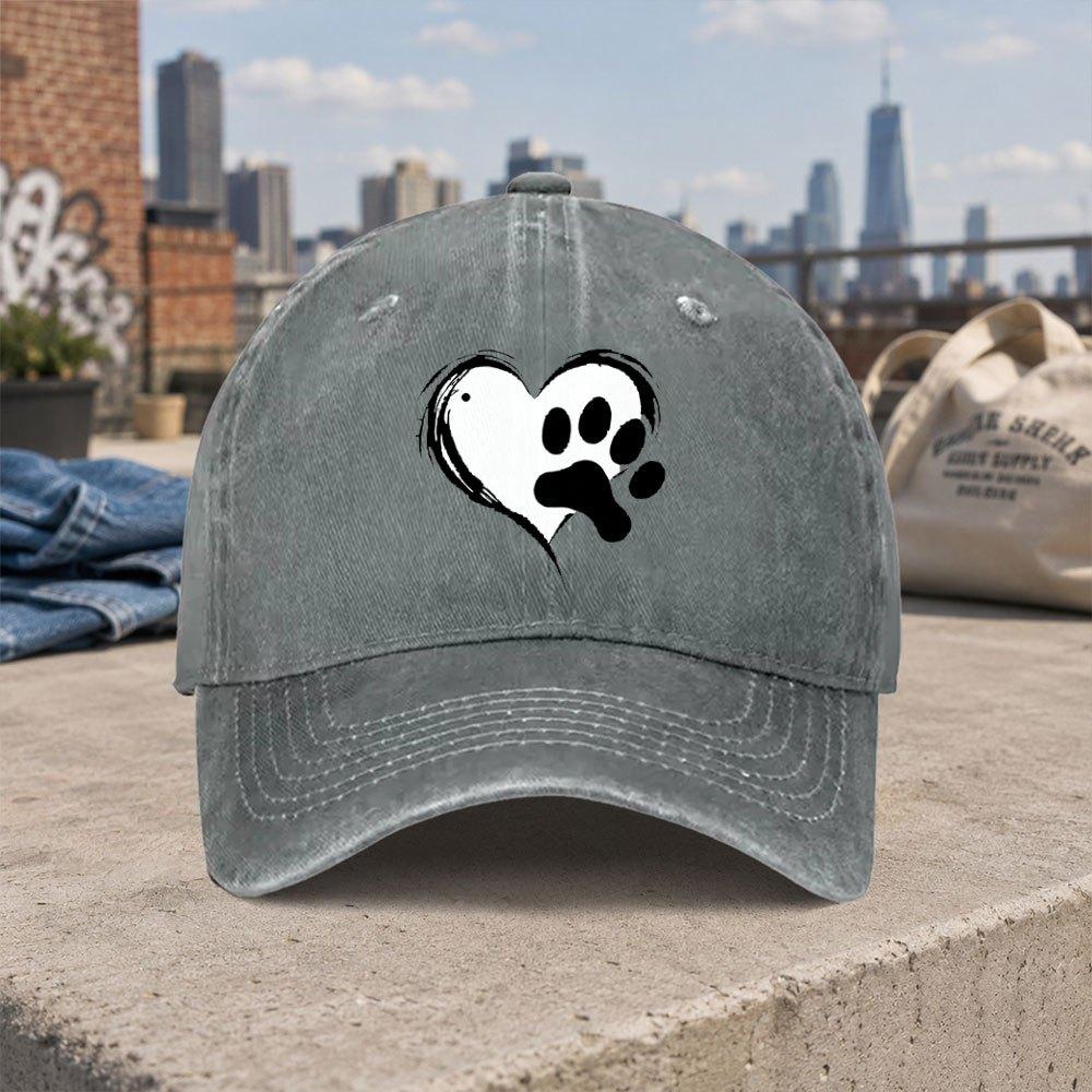 Heart Cat Paw Print Retro Washed Baseball Cap Unisex Casual Street Style Duckbill Hat Fashion Accessory
