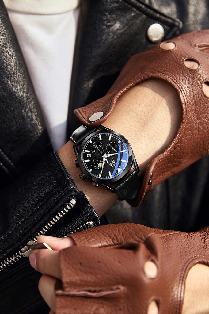 Men's Business Watch with Leather Band, Stylish Waterproof Watch with Calendar Display and Luminous Function, Perfect Gift for Men (Black 2)