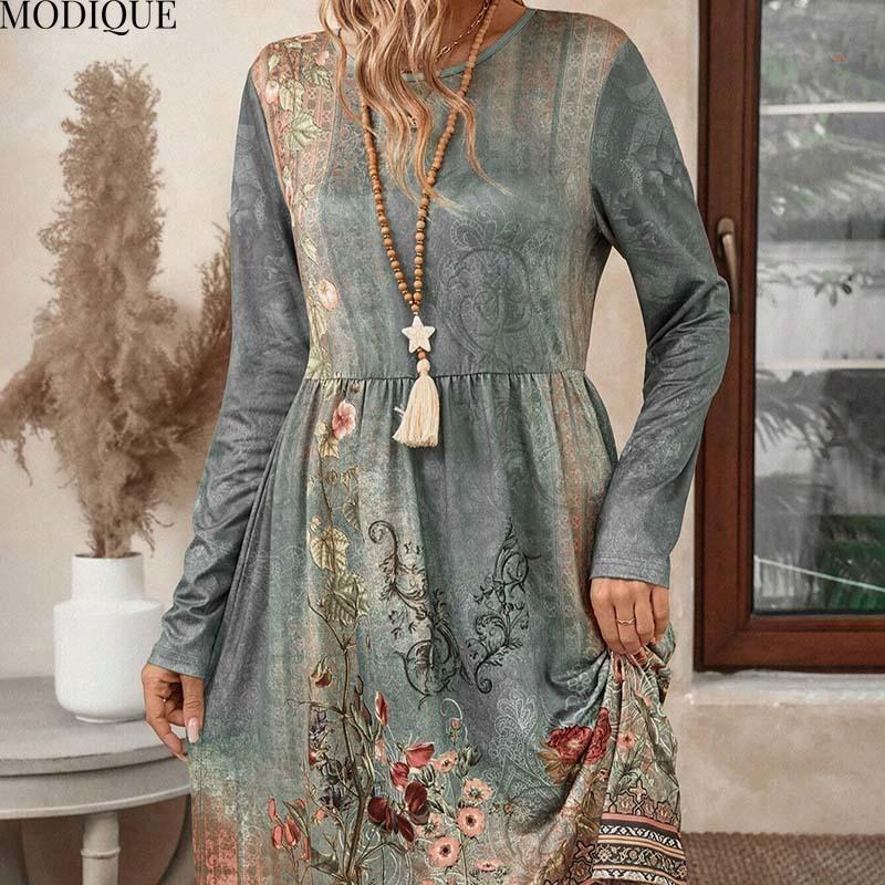 MODIQUE 2025 Summer New Women's Casual Retro Floral Print Gradient Color Short Dress Ladies Loose A-Line Long Sleeve O-Neck Dress