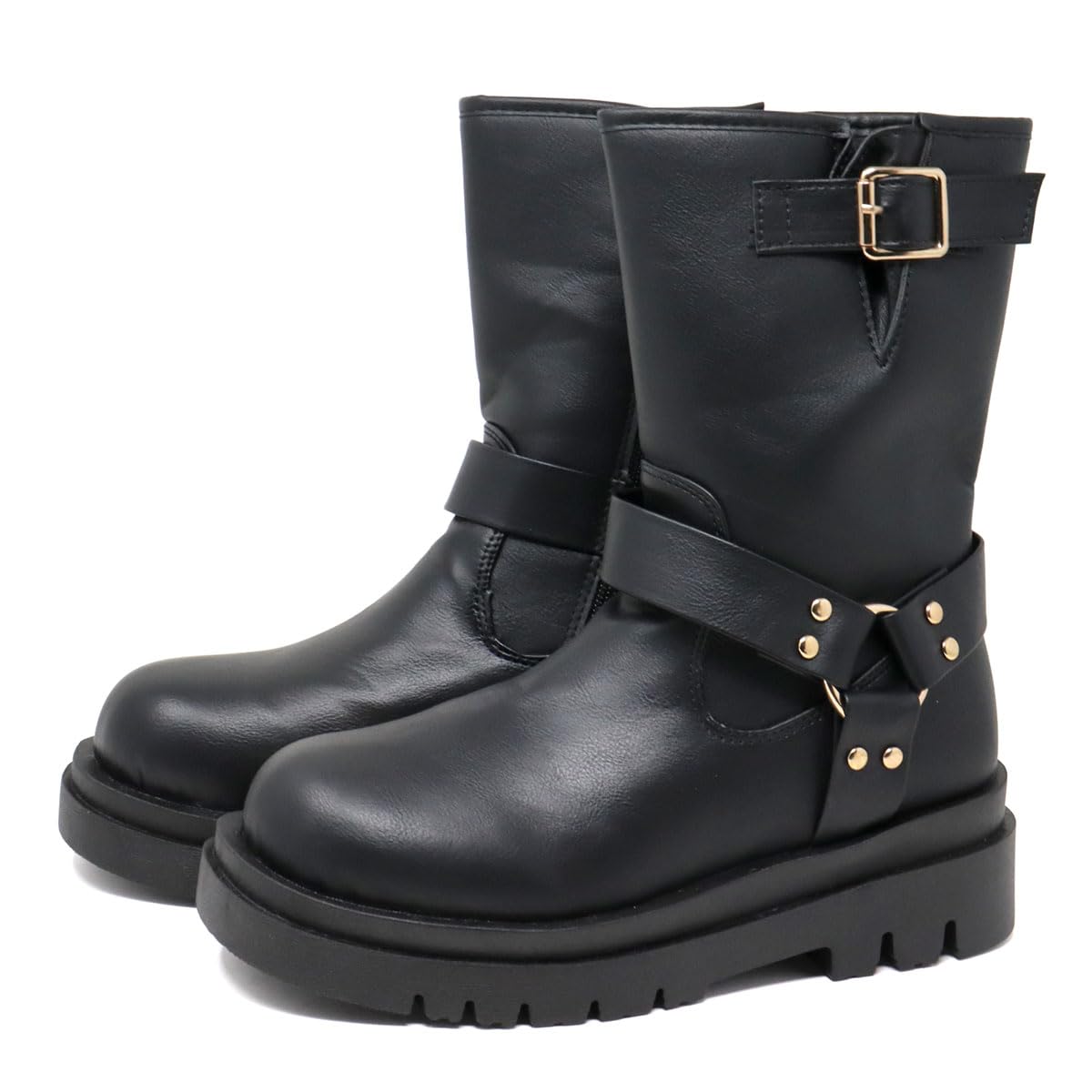 

инженер толстое кольцо 5см красивый круглый боковой ПУ синтетический большой 9145 японская обувь числовой [Liberty Doll] Женские сапоги, сапоги средней длины, подошва, чёрный