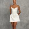 Womens Satin A-Line Mini Dress With Corset Bodice Adjustable Straps High Waist Off-Shoulder Design Party Or Date