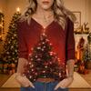 Women's Christmas Print V-Neck Three-Quarter Sleeve Loose Fit Casual Shirt for Everyday Wear