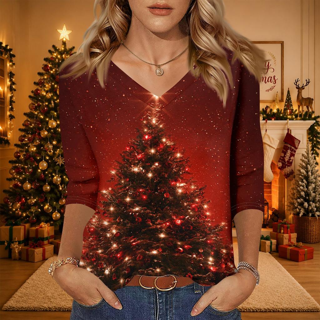 Women's Christmas Print V-Neck Three-Quarter Sleeve Loose Fit Casual Shirt for Everyday Wear