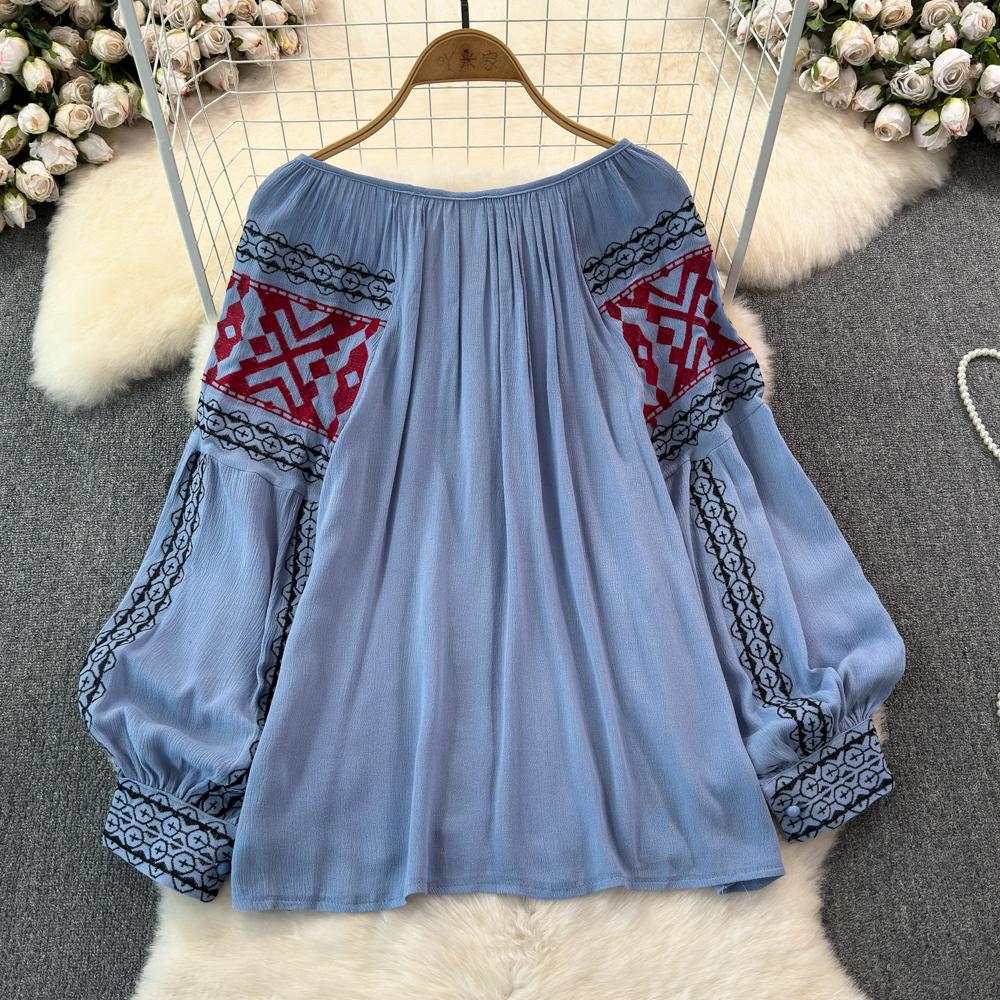 Retro Embroidered Shirt Top Female 2025 Spring Lace Up Tassel Loose Lantern Sleeves Ethnic Style Blouse Female