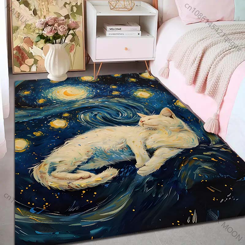 1PC Dreamy cat starry painting Pattern Rug Carpets for Bedroom Living Room Sofa Mat Creative Door Mat Cloakroom Home Decor