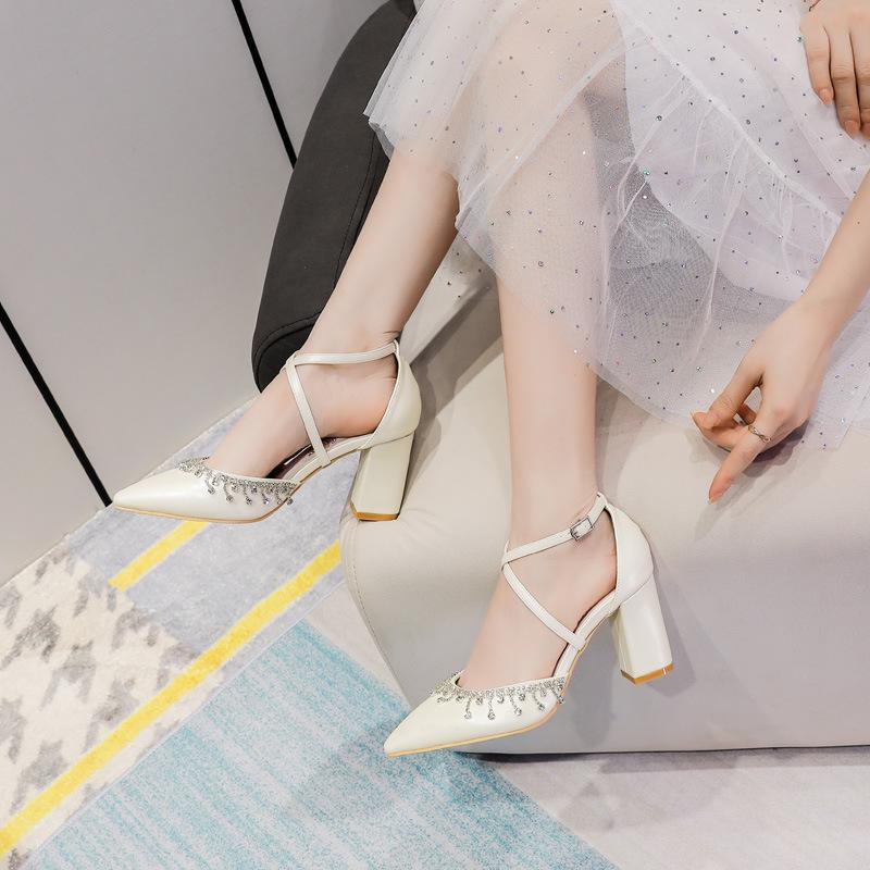 Fashion Women White Princess High Heels Pointed Toe Chunky Heel Cross Strap Lace Up Wedding Shoes Hollow Out Design Large Size