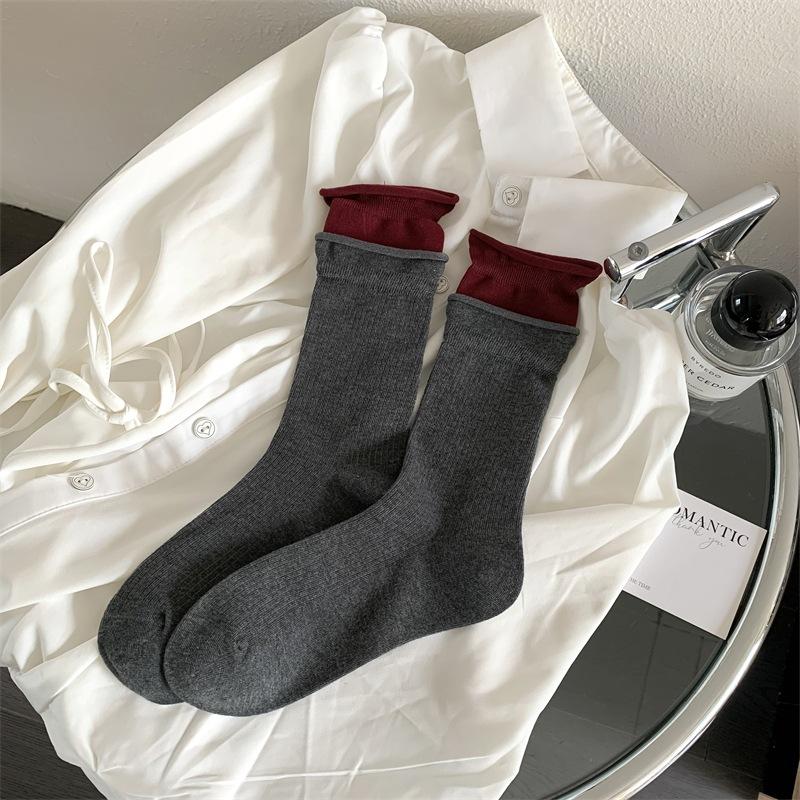 

Ангольские красные носки для женской весны и осени, модные винно-красные носки до середины икры в горошек, полоску и с бантом 1 pair