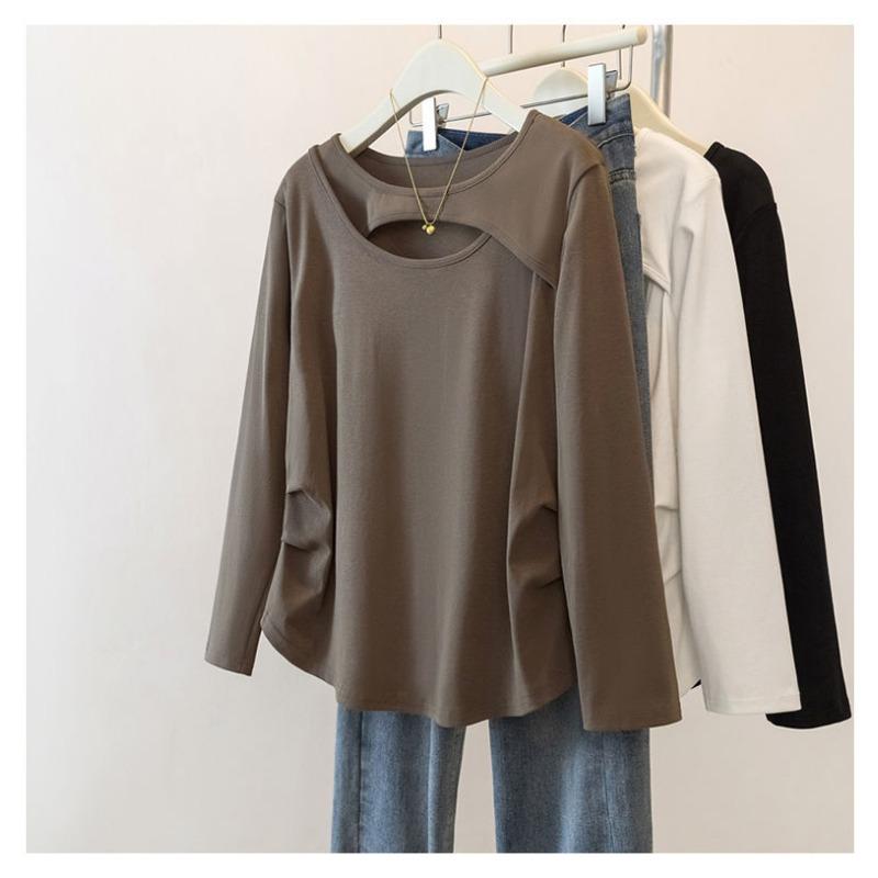 Hollow Versatile Long-sleeved T-shirt for Women in Autumn New Style Slimming Irregular Inner Top
