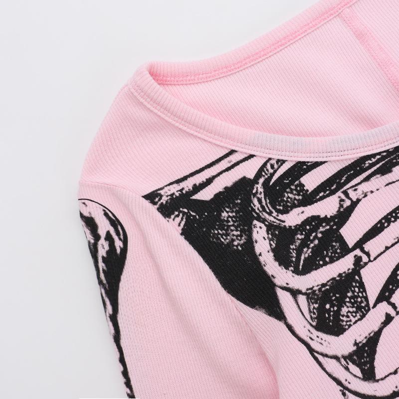 AltGoth Dark Goth Hotsweet Jumpsuit Damen Y2k E-Girl Totenkopf Print Langarm O-Ausschnitt Hohe Taille Strampler Punk Grunge Indie Kleidung