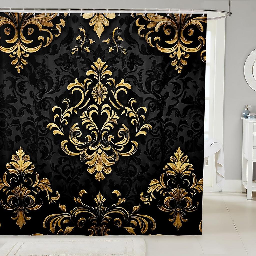 Vintage Boho Damask Floral Bathroom Curtain,Bohemian Exotic Goth Shower Curtain Victorian Baroque Flower Shower Bathtub Decor