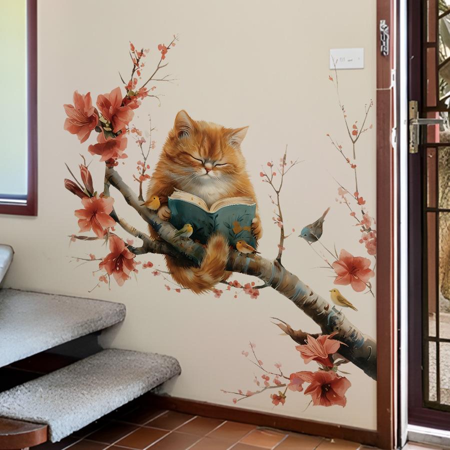 Cute Cat Reading On Flowering Branch Wall Stickers, Orange Cat with Little Bird Artistic Decor for Study Room Living Room Decoration