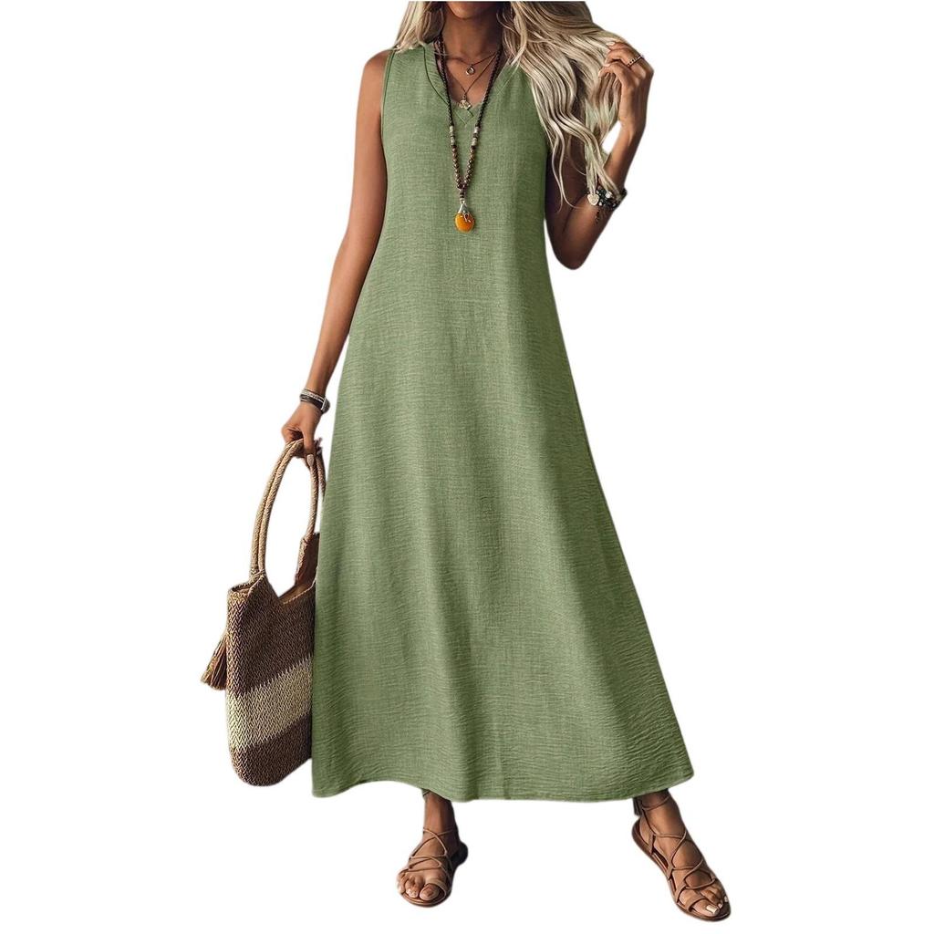 2025 Summer Sleeveless V-Neck Back Zip Elegant Long Dress for Women